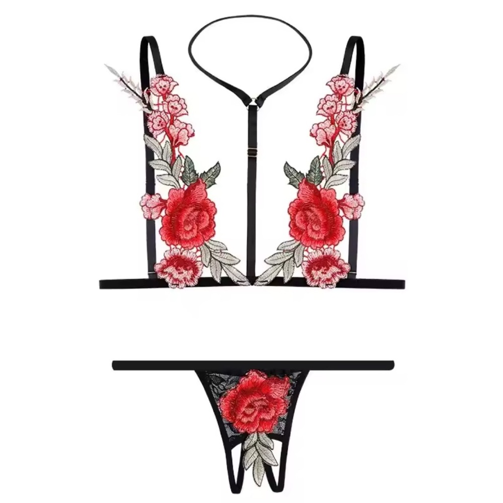 Floral Embroidered Black and Red Harness Bra Set